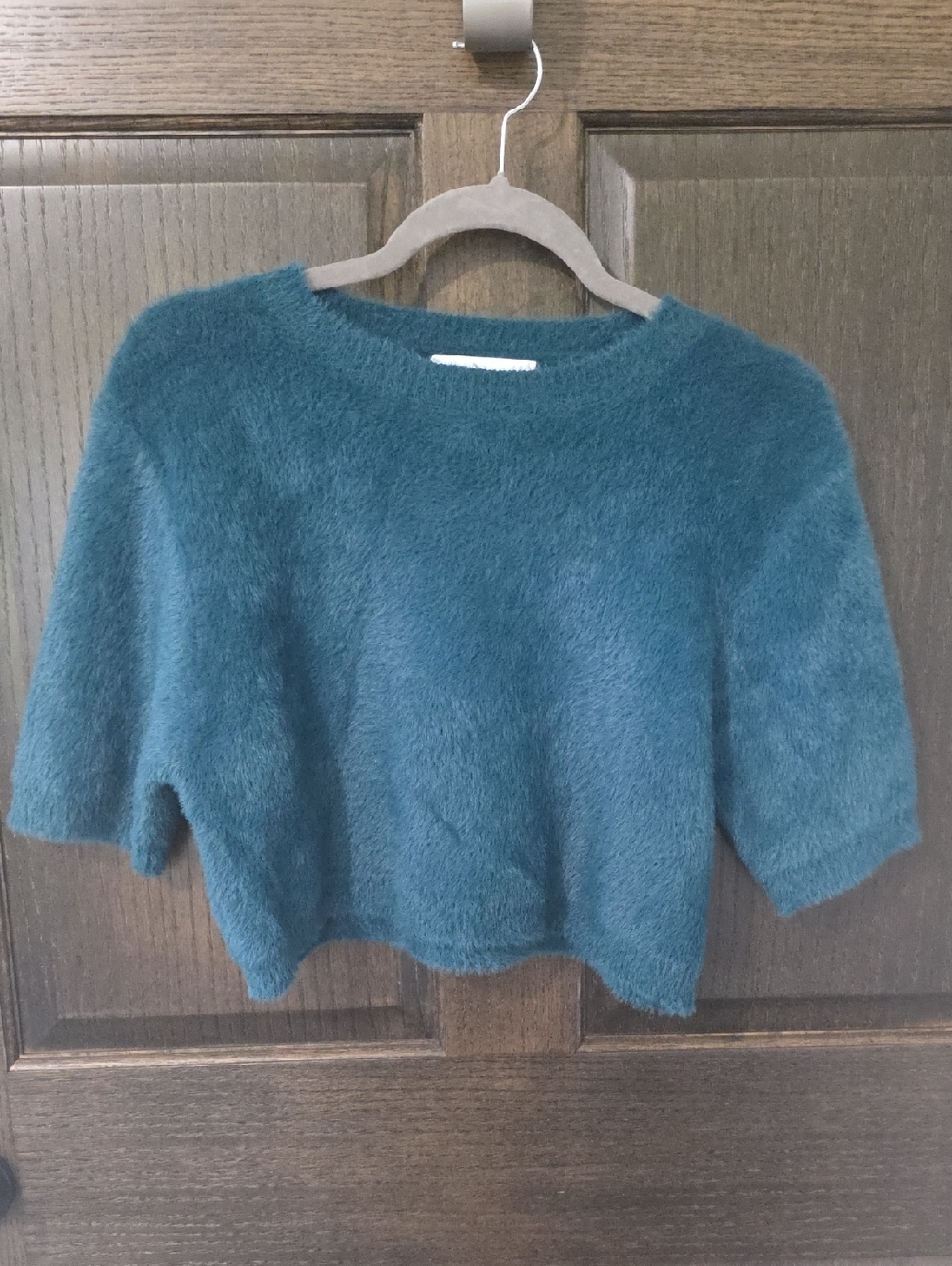 Anthropologie Self Contrast Fuzzy Teal Crop Short Sleeve Sweater NWOT